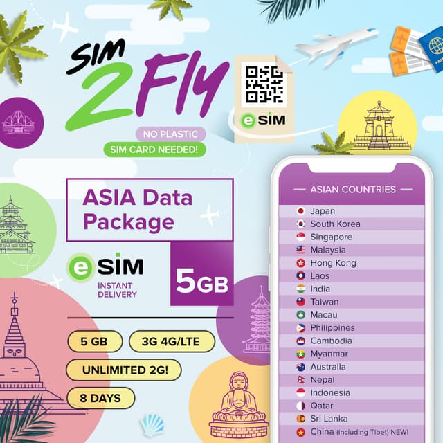 AIS SIM2Fly eSIM Asia package — 5GB, 8 days, instant QR code delivery