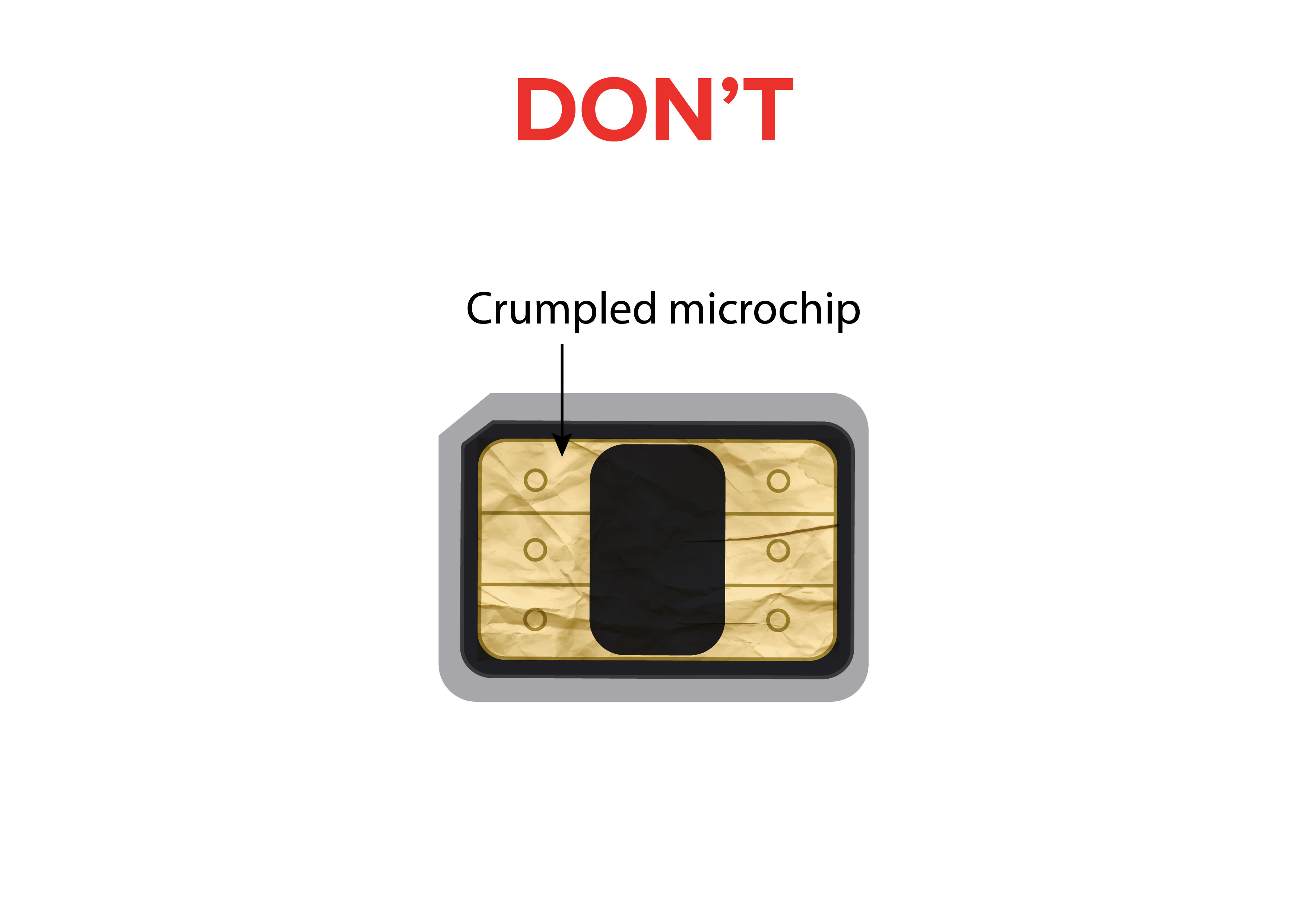 SIM DON'T: crumpled microchip